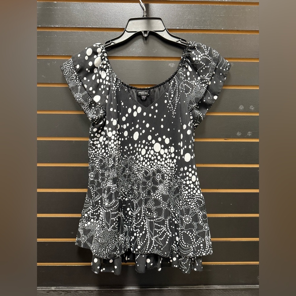 Piano Black & White Abstract Dot Print Flutter Sleeve Blouse PM